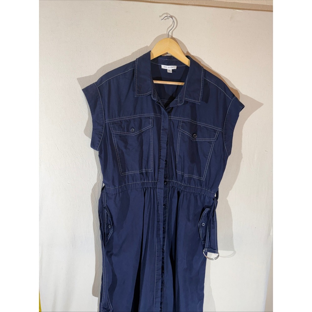 Free Assembly Shirt Dress Womens XL Navy Utility Midi Belted Cotton Lagenlook - Picture 2 of 8